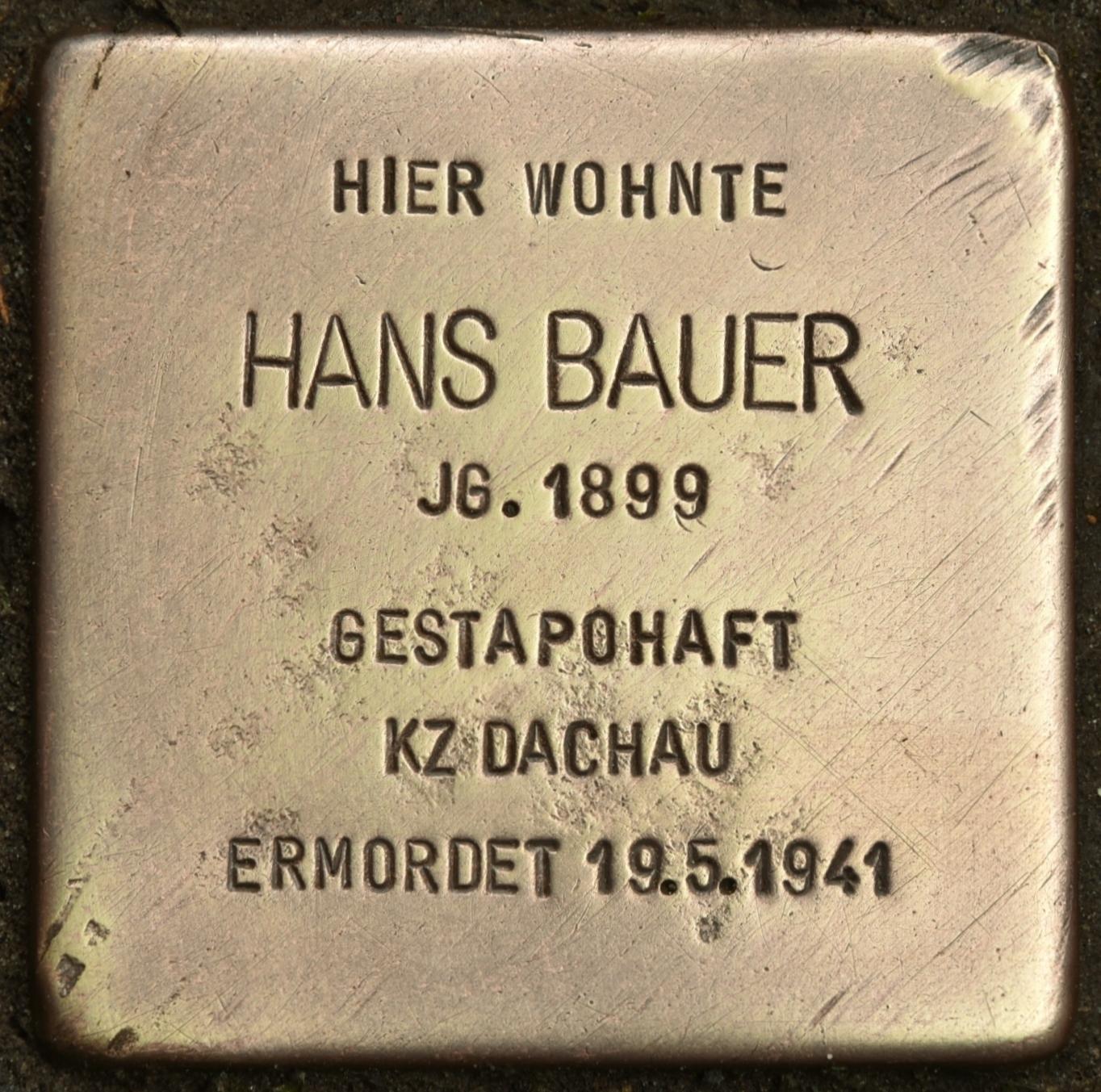 Stolperstein dedicated to Jacob Hans Bauer